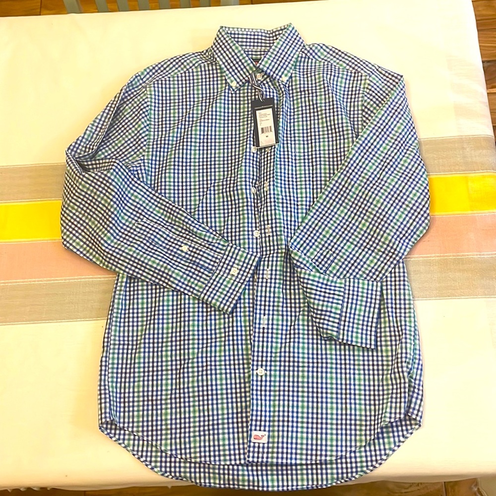 NWT Vineyard Vines royal blue/green plaid size Medium mens long sleeve dress sht